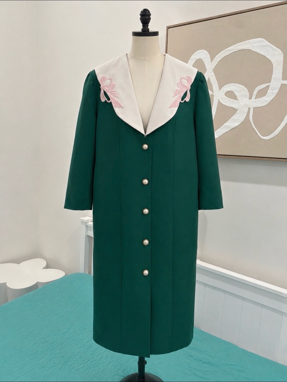 Vintage Whirlaway Frocks Green Midi Dress Size M Sailor Collar Pink Bow Details